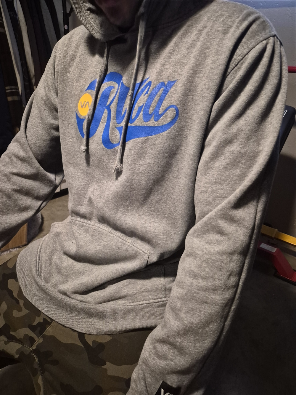 RVCA Gray Hoodie with Blue Script and Yellow Accent